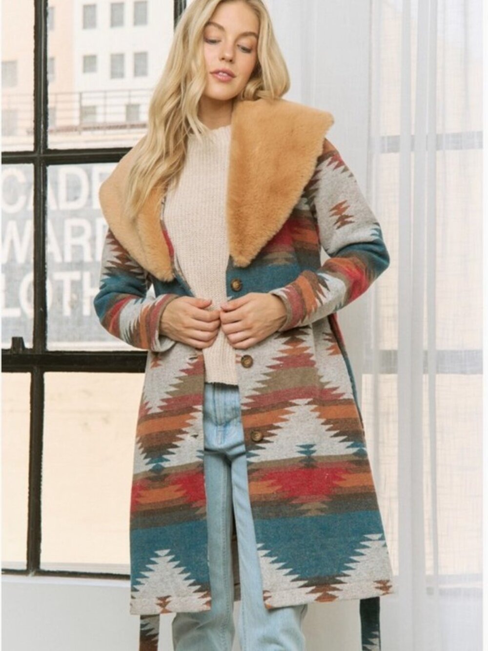 Aztec Jacket Shacket with Contrast Fur Showl Collar - Picture 11 of 13